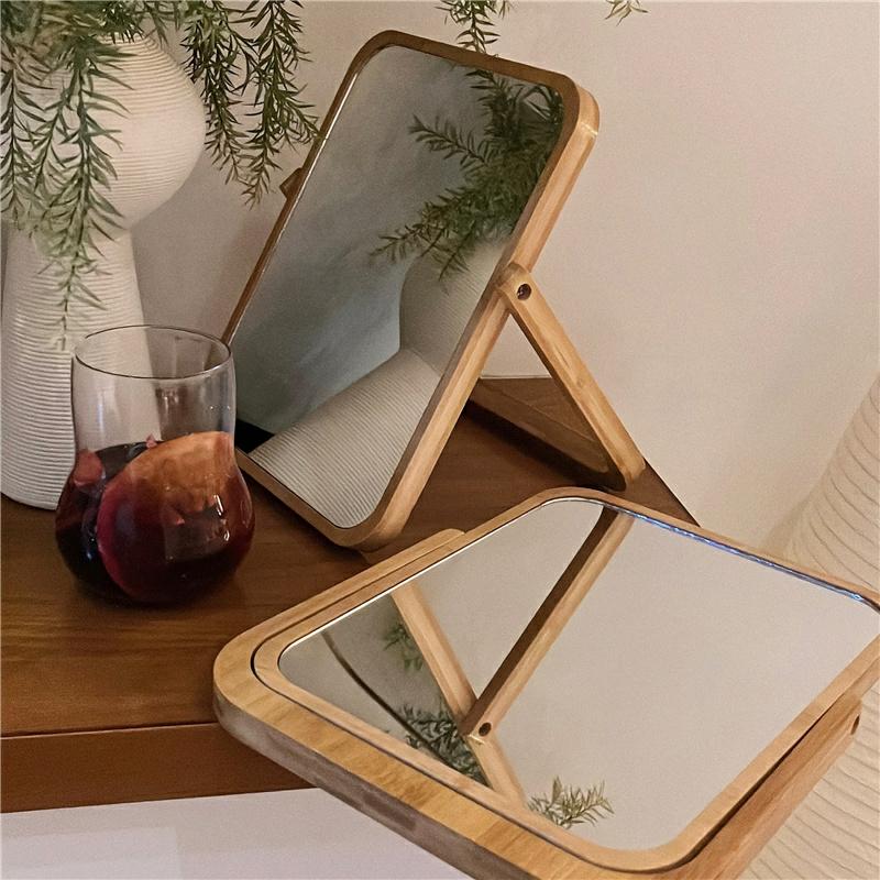 Sminkspegel |   (Original Bamboo Makeup Mirror) Bord Retro Hd Massivt Trä Sminkspegel Vikbar Bordspegel Helt I Trä Sminkspegel Sminkspegel