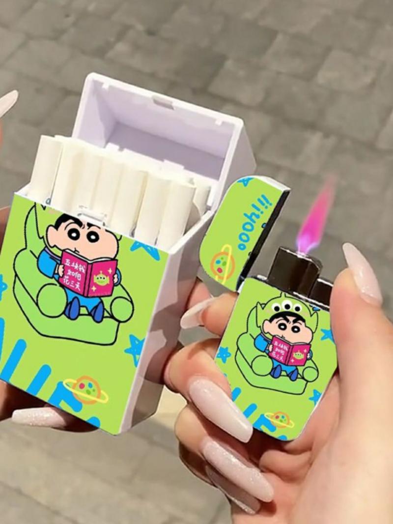 Tändare Och Rökverktyg |   Kawaii Crayon Cartoon Shin-Chan Tändare Och Cigaretteetui Set I Rosa Flamma, Bärbar Trendig 2-Pack För Att Ge Till Pojkvän. Tändare Och Rökverktyg Tändare Och Rökverktyg